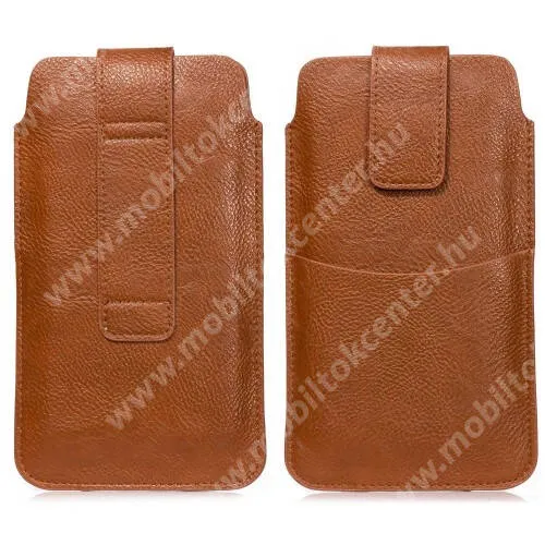 OnePlus Nord 5 5G (CPH2709) UNIVERZÁLIS álló tok - PU bőr, övre fűzhető, tépőzáras záródás, bankkártyatartó zseb - max 170 x 95mm-es készülékekhez - BARNA