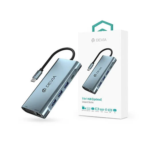 Devia Leopard Type-C HUB 11 az 1-ben elosztó, 1 x Type-C töltő (PD 100W), 1x Type-C adatátvitel, 3x USB3.0, 1x HDMI aljzat (HD 4K), SD/microSD kártyaolvasó, RJ45, AUX, Szürke
