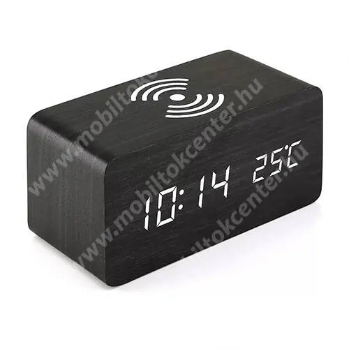 Digitális ébresztőóra vezeték nélküli Qi Wireless asztali töltő funkcióval, 5W, Faerezett minta, Hangvezérlés, Állítható LED-es fényerősség, USB DC 5V tápkábel vagy 3x AAA elemmel működik (nem tartozék), Fogadóegység nélkül!, 145 x 70 x 70mm, Fekete