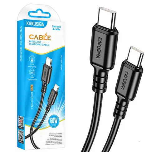 KAKUSIGA adatátviteli kábel, USB töltő, USB-C / USB-C csatlakozók, 1m hosszú, 60W, Törésgátló, Gyorstöltés támogatás, KSC-982, Fekete