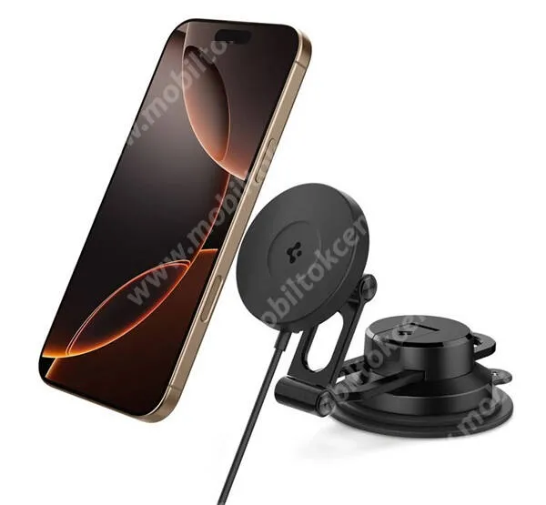 SAMSUNG Galaxy S22 5G (SM-S901) Spigen Onetap Pro4 autós telefontartó, Magsafe mágneses, Qi2 15W wireless, vezeték nélküli töltés, Szélvédőre, Műszarfalra rögzíthető, ACP08544, Fekete