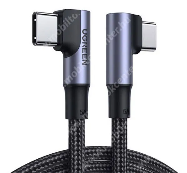 UGREEN adat és gyorstöltő kábel, USB-C / USB-C, Derékszögű, 5A, 100W, PD 3.0, Gyorstöltés, 2m hosszú, Szövettel bevont, US335, Sötétszürke