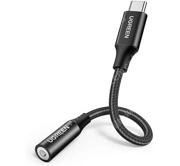 UGREEN audio adapter, USB-C / 3,5mm Jack aljzat, DAC chip, 10cm hosszú szövettel bevont törésgátlós kábel, AV142, Fekete
