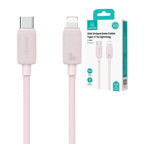 USAMS KY adatátviteli kábel, USB töltő, USB-C / Lightning csatlakozók, 3m hosszú, 30W, Törésgátló, PD gyorstöltés támogatás, SJ702, Rózsaszín
