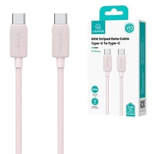 USAMS KY adatátviteli kábel, USB töltő, USB-C / USB-C csatlakozók, 3m hosszú, 30W, Törésgátló, PD gyorstöltés támogatás, SJ701, Rózsaszín