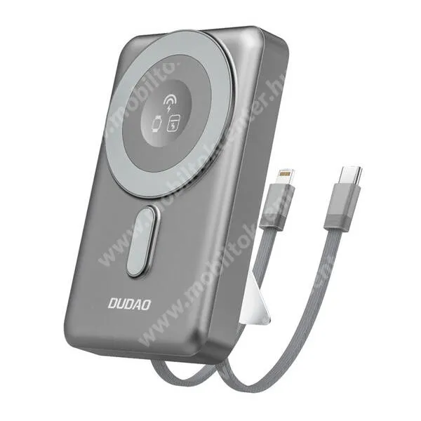 Dudao power bank, Vésztöltő, 1 x USB-C aljzat, 10000mAh, 20W, PD3.0, QC3.0 gyorstöltő, LED jelző, 15W MagSafe Qi vezeték nélküli töltés, Fix Type-C és Lightning kábel, Kitámasztó, K29, Szürke