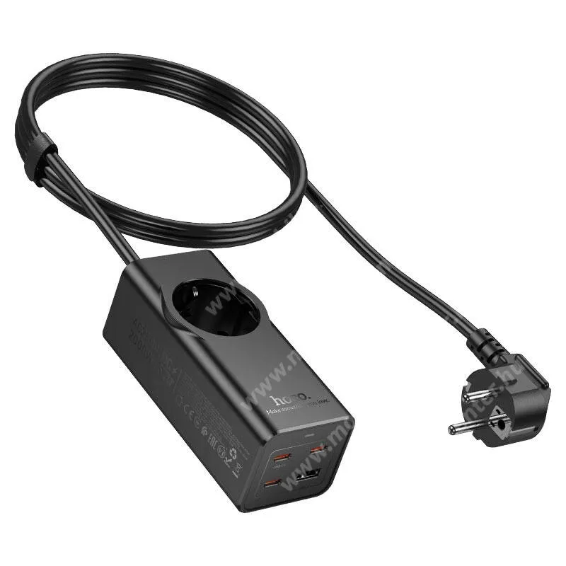 Hoco Wisdom hálózati töltőállomás, 1 x AC, 3 x USB-C, 1 x USB-A aljzat, 67W, PD 3.0, QC 3.0 gyorstöltés, 2m hosszú tápkábel, NS9, Fekete