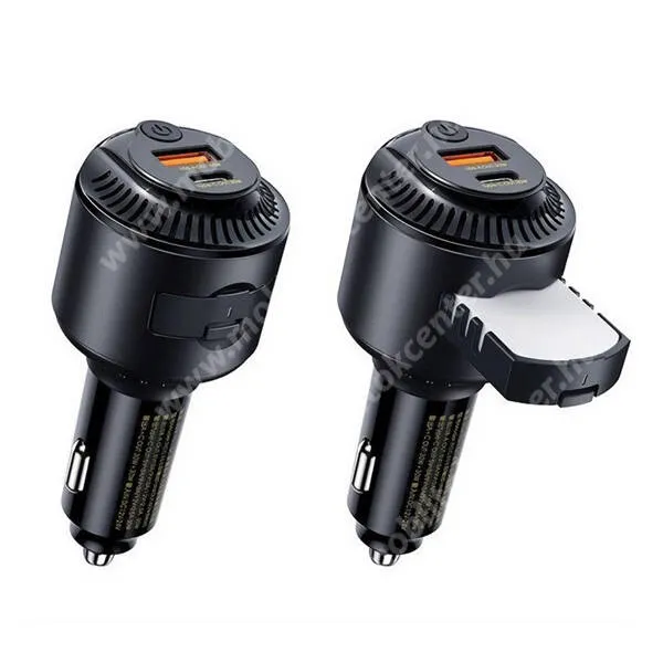 Remay Yatoy autós gyorstöltő, 1 x USB-A, 1 x USB-C aljzat, 60W, PD 3.0, QC 3.0 gyorstöltés, Illatosító, RCC353, Fekete