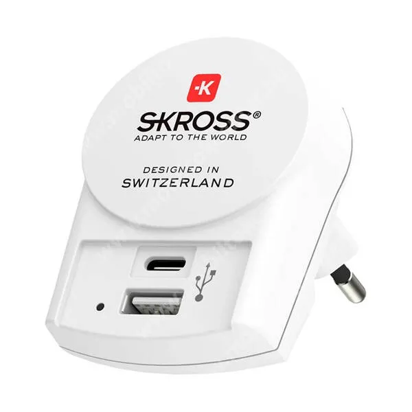 SKROSS PRO+ utazó töltő, hálózati töltő adapter, 1 x USB-A, 1 x USB-C aljzat, 250V/7A, 30W, gyorstöltő, világszerte használható, földelt, 1.302524, Fehér