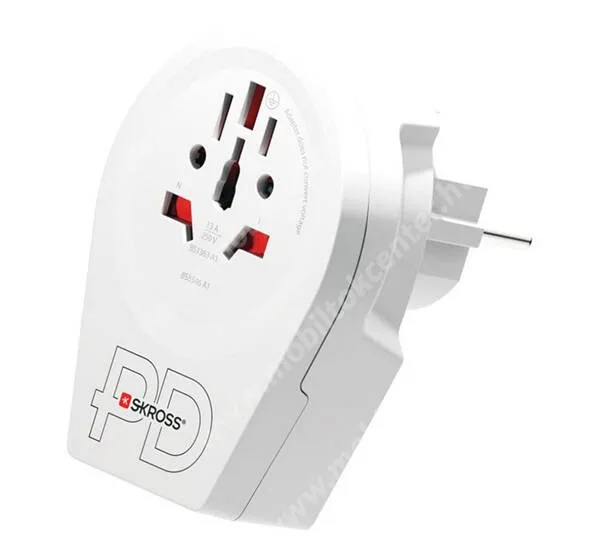 SKROSS utazó gyorstöltő, hálózati töltő adapter, 1 x USB-A, 1 x USB-C aljzat, 250V/2.4A, 20W, PD 3.0, EU2 pin - AUS/CH, UK, USA/JPN, CHE, IT, BRA, földelt, 1.500295-E, Fehér