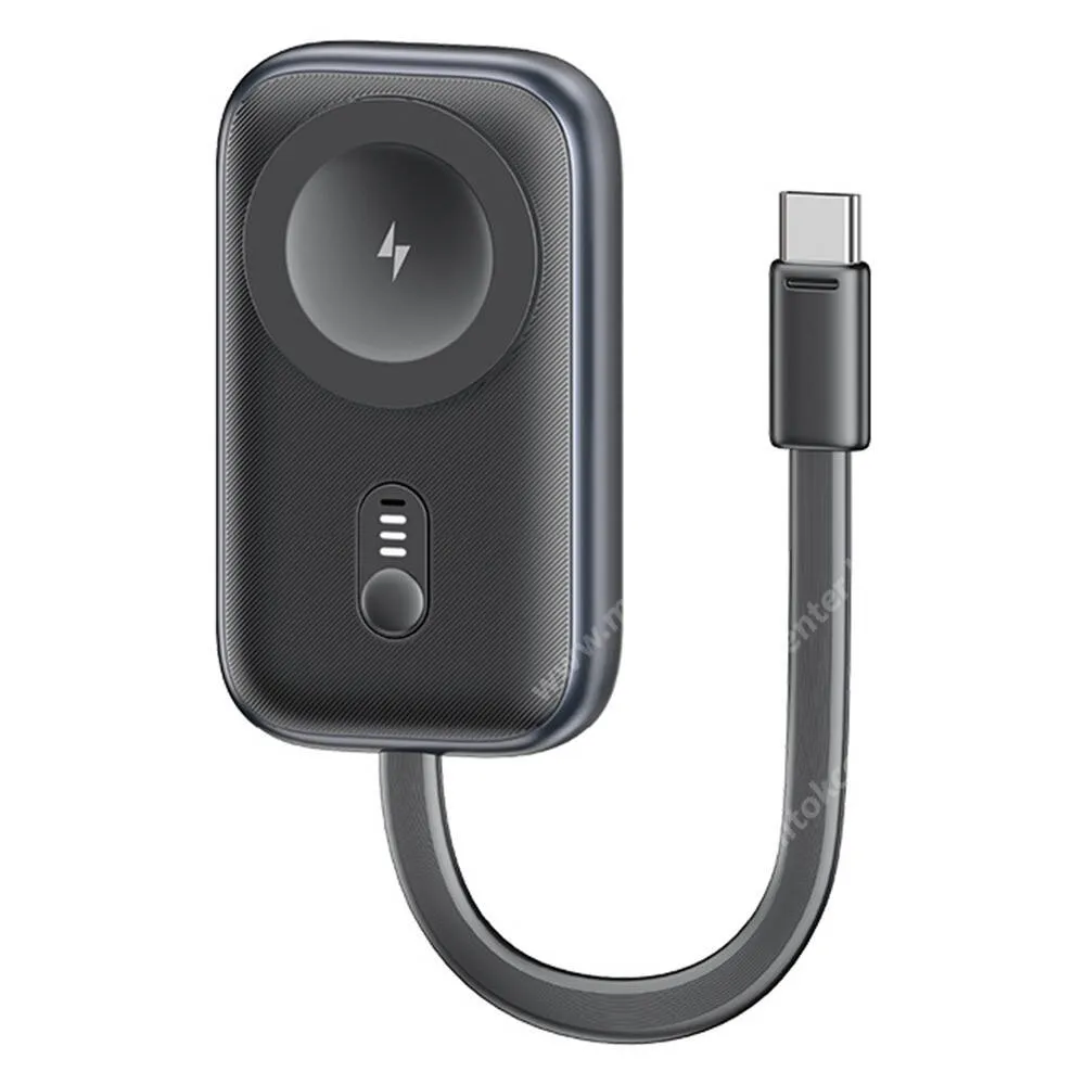 APPLE Watch Series 9 (45mm) Usams CD245 vezeték nélküli töltő okosórához, 1200mAh power bank, beépített Type-C kábellel, Sötétszürke, Apple Watch Series 1, 2, 3, 4, 5, 6, 7, 8, 9, 10, 11, SE, Ultra