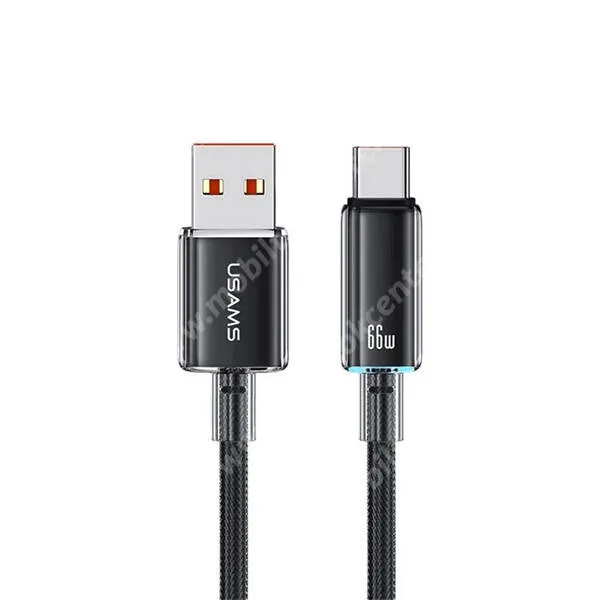 Usams Cloud Series adatátviteli kábel, USB-A / USB-C csatlakozók, 1,2m hosszú, 6A, 66W, Törésgátló, Gyorstöltés támogatás, SJ658USB01, Fekete
