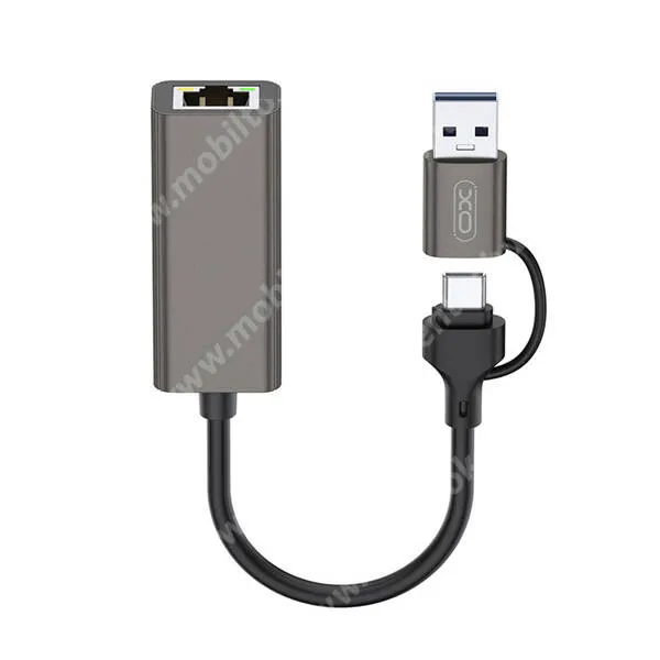 XO ethernet adapter kábel, RJ45 / USB-A, USB-C, 100MB/s, LAN, 10cm hosszú, HUB018, Sötétszürke