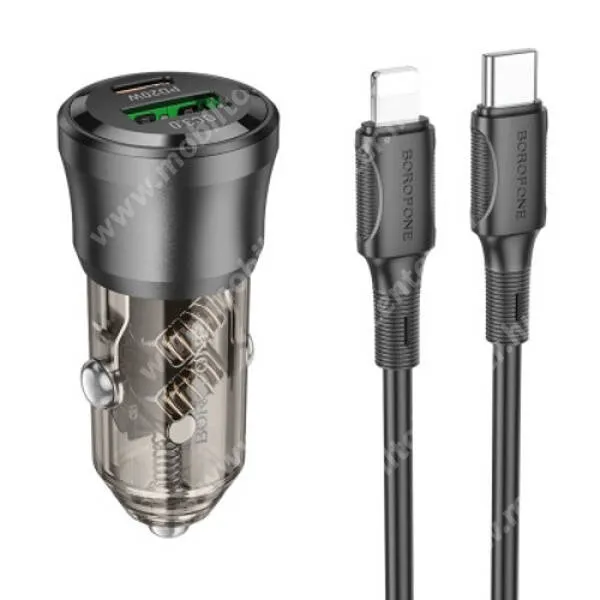 Hoco Borofne autós, szivargyújtós telefontöltő, 1 x USB-A, 1 x USB-C aljzat, 38W, PD 3.0, QC 3.0 gyorstöltés, Type-C / Lightning kábel, BZ25, Fekete