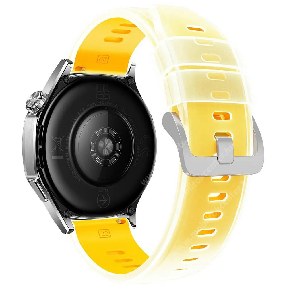 Okosóra szíj, Szilikon, Csat, Átlátszó, Sárga, 22mm széles, 94+130mm hosszú, Xiaomi Watch S4, S1 Pro, Amazfit Bip 6, Zepp Z, GTR 4 46mm, Garmin Venu 3 45mm, Huawei Watch Ultimate