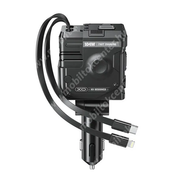 XO autós telefontöltő, 1 x USB-A, 2 x USB-C aljzat, 104W, PD 3.0, QC 3.0 gyorstöltés, Fix Type-C+Lightning kábel, CC66, Fekete