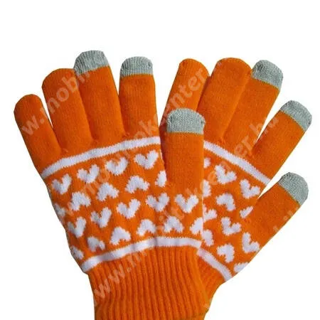 Érintő kesztyű - kapacitív kijelzőhöz, szív mintás - NARANCS