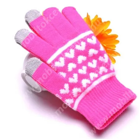 Telekom T Phone 5G (REVVL 6x) (2023) Érintő kesztyű - kapacitív kijelzőhöz, szív mintás - RÓZSASZÍN